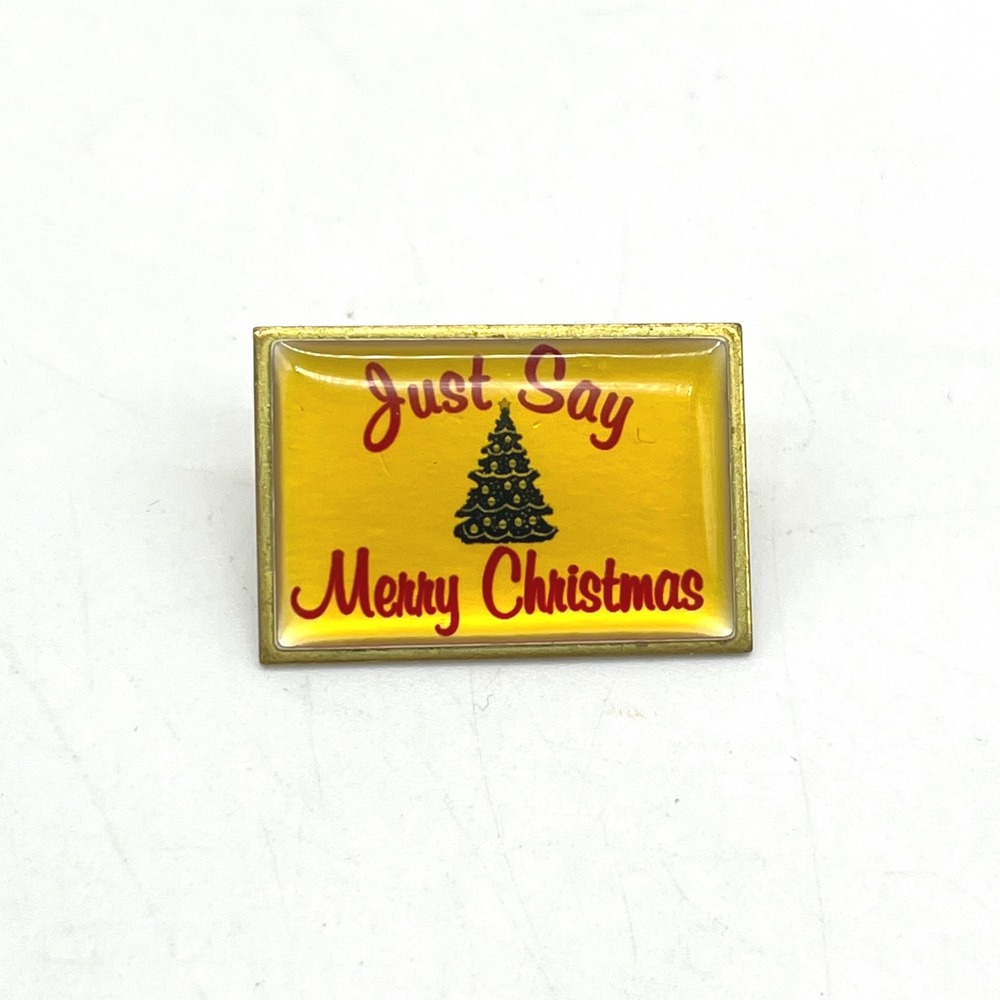 Just Say Merry Christmas Vintage Style Yellow‎ Lapel Pin Xmas Tree Made in USA